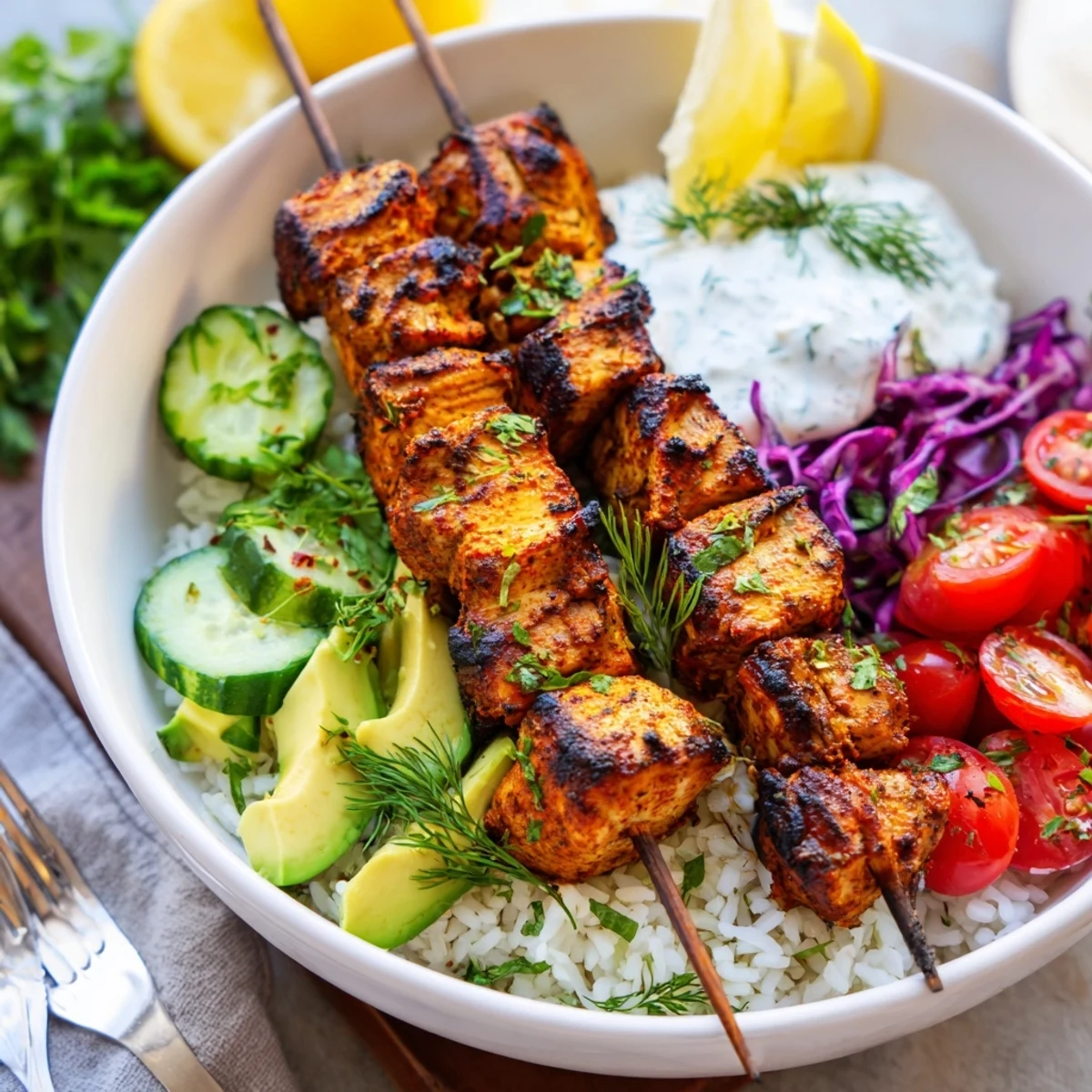 Smoky Chicken Skewer Bowl Recipe with charred thighs over vibrant rice and avocado