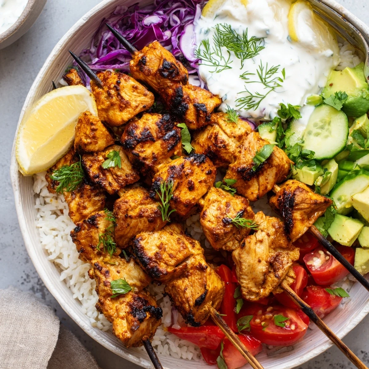 Grilled Smoky Chicken Skewer Bowl Recipe plated with creamy yogurt sauce, lemon