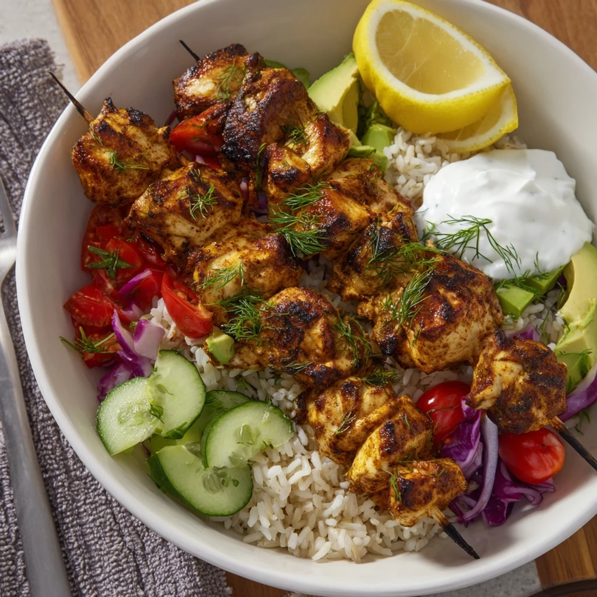Smoky Chicken Skewer Bowl Recipe showcasing juicy paprika chicken, crisp cucumber, cilantro
