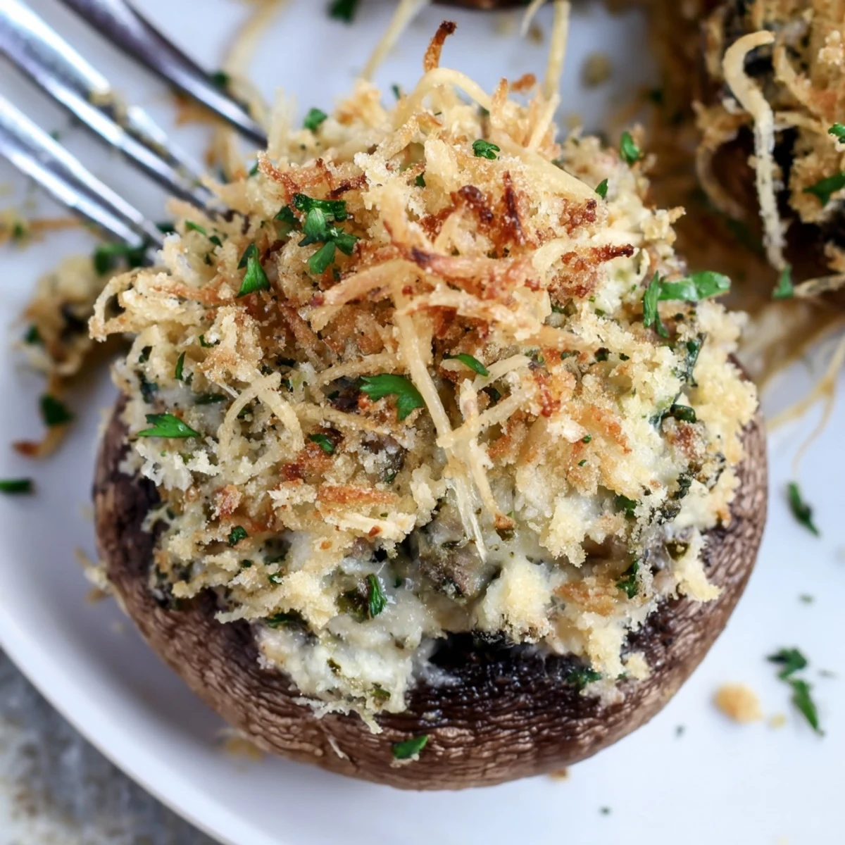 Crisp Air Fryer Stuffed Mushrooms served hot, Parmesan scented, sprinkled with parsley