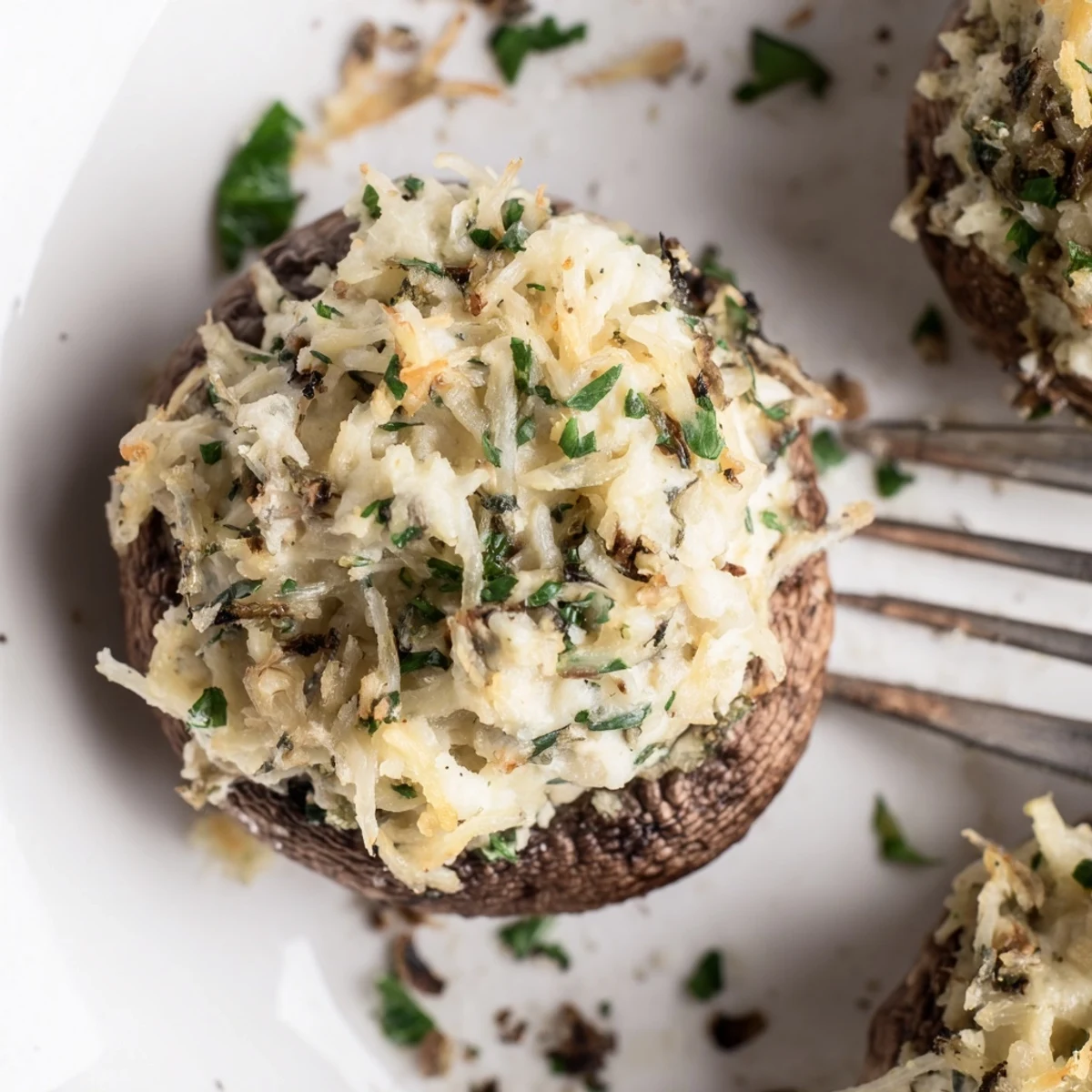 Air Fryer Stuffed Mushrooms with golden browned tops, creamy herb filling steaming