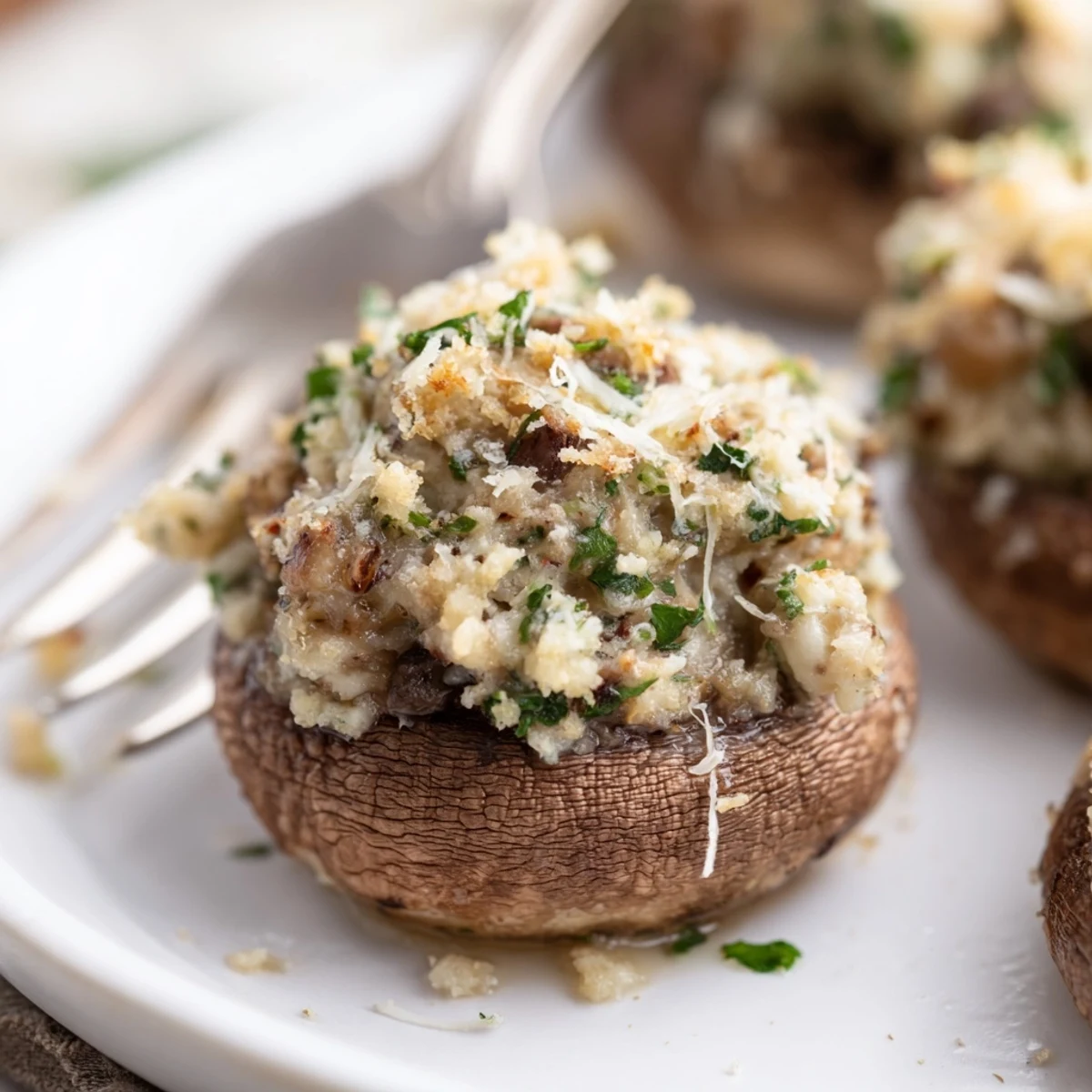 Olive oil brushed Air Fryer Stuffed Mushrooms, tender cremini caps filled with garlicky cheese
