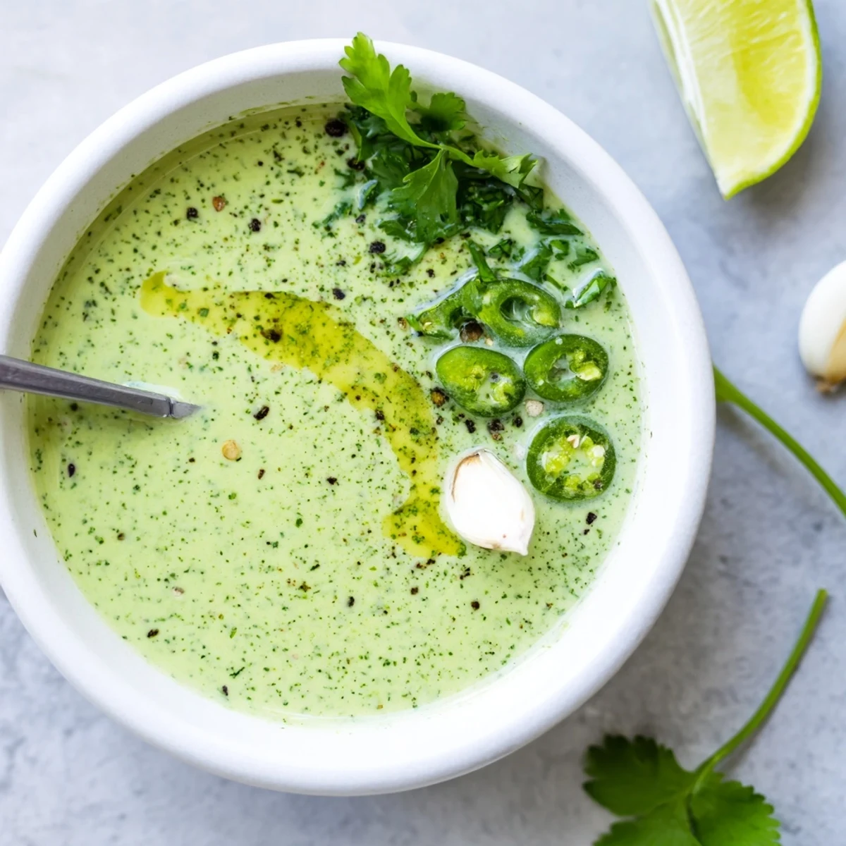 Herb-packed Cilantro Lime Fresh Dressing in jar beside grilled vegetables, vibrant