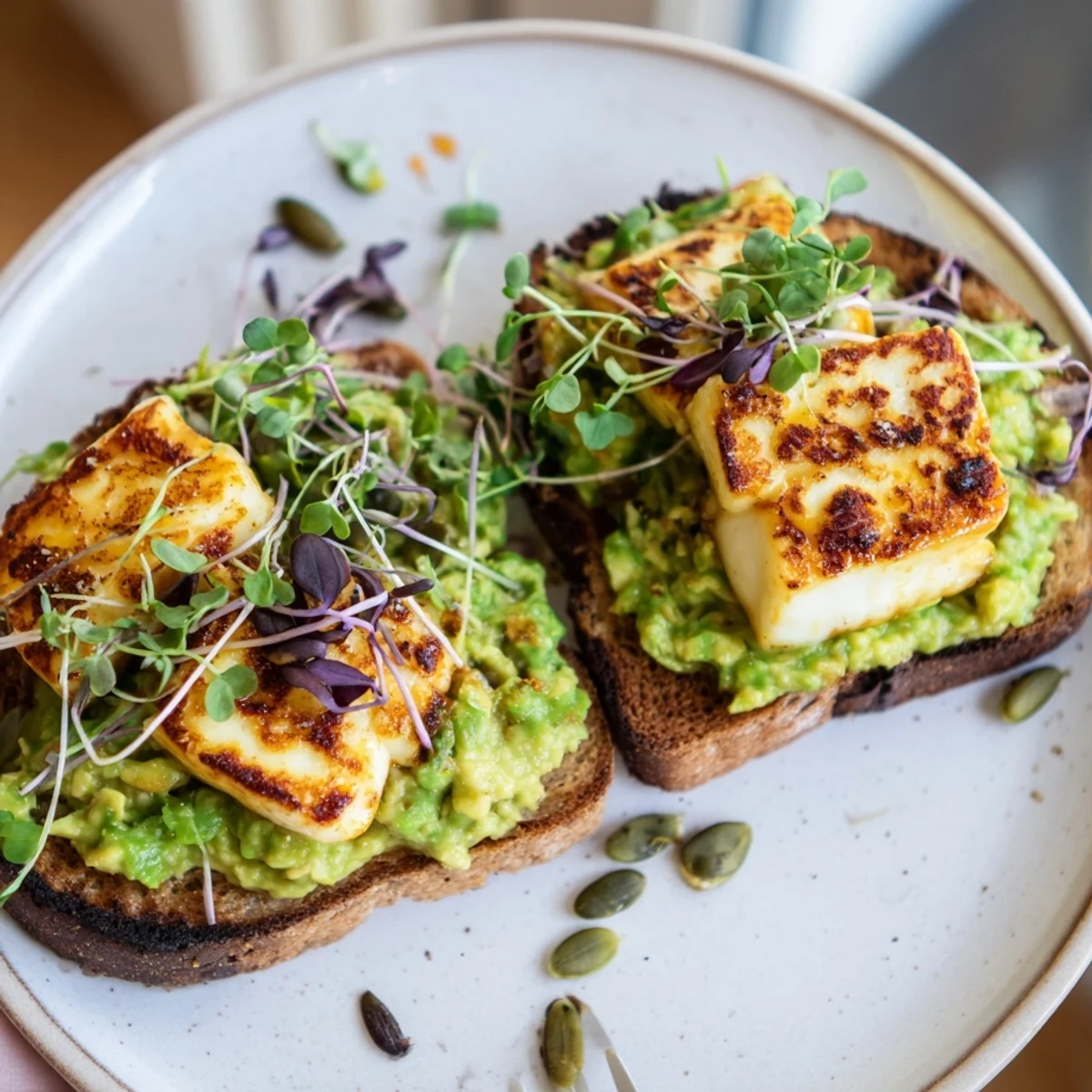 Crispy Halloumi Avocado Toast Recipe with golden halloumi, silky avocado, lemon zest  