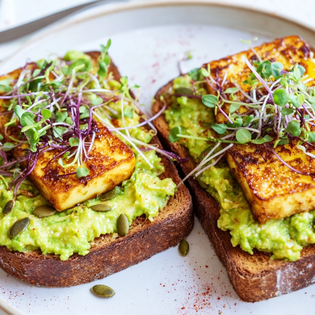Warm Crispy Halloumi Avocado Toast Recipe served on toasted sourdough with microgreens  