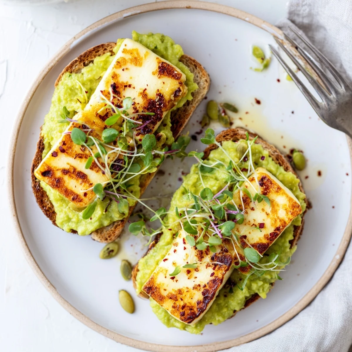 Overhead shot of Crispy Halloumi Avocado Toast Recipe plated with lemon wedge