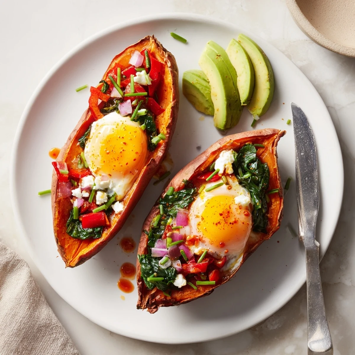 Sweet Potato Breakfast Boats with runny egg yolks, crumbled feta, avocado.