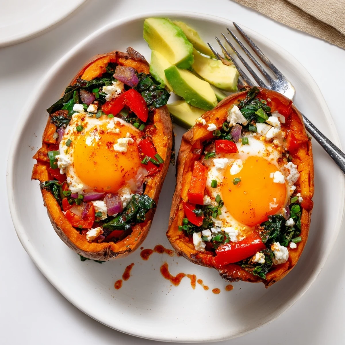 Roasted Sweet Potato Breakfast Boats topped with chopped chives and hot sauce.