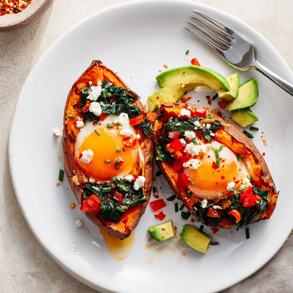 Warm Sweet Potato Breakfast Boats filled with sauteed peppers, wilted spinach, eggs.