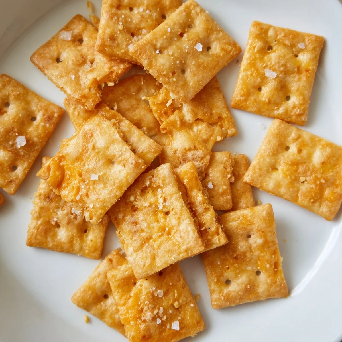 Sourdough Cheddar Snack Crackers cooling on rack, golden, crisp, sprinkled with flaky sea salt.