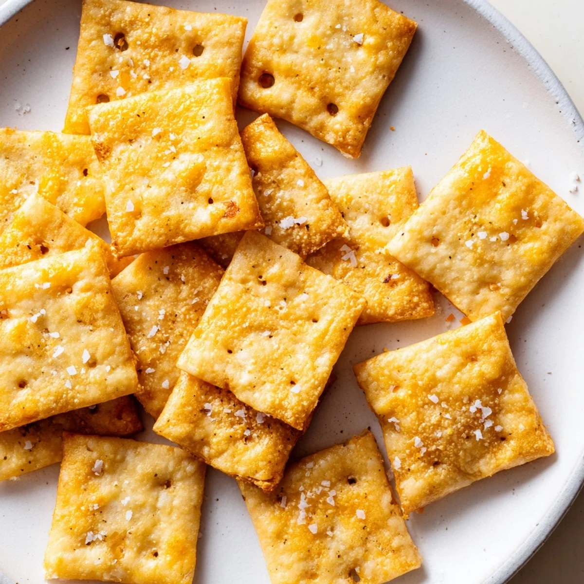 Stack of Sourdough Cheddar Snack Crackers beside cheese board and fruit.