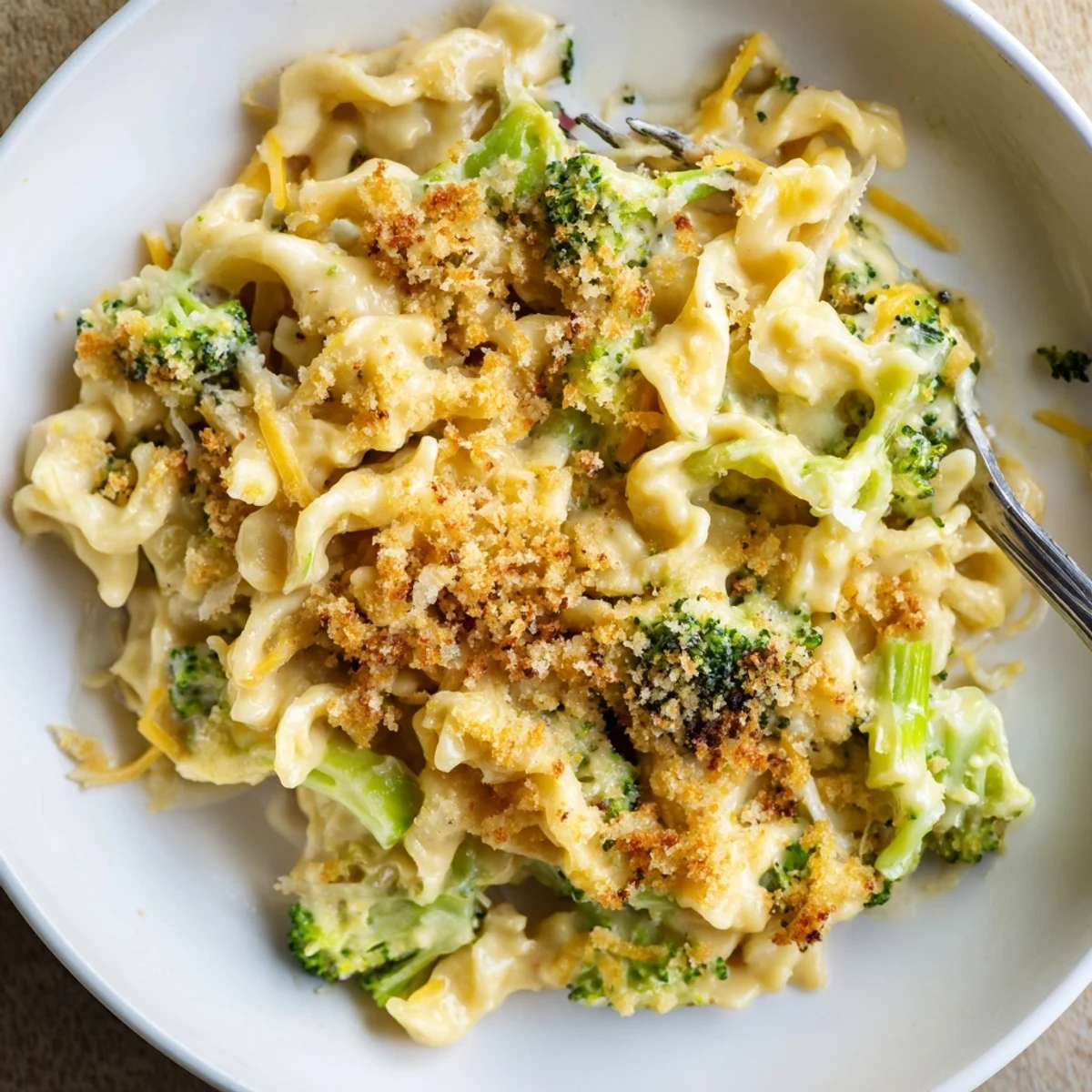 Family-style Broccoli Cheddar Noodle Skillet served hot, garlicky aroma, sprinkled fresh herbs