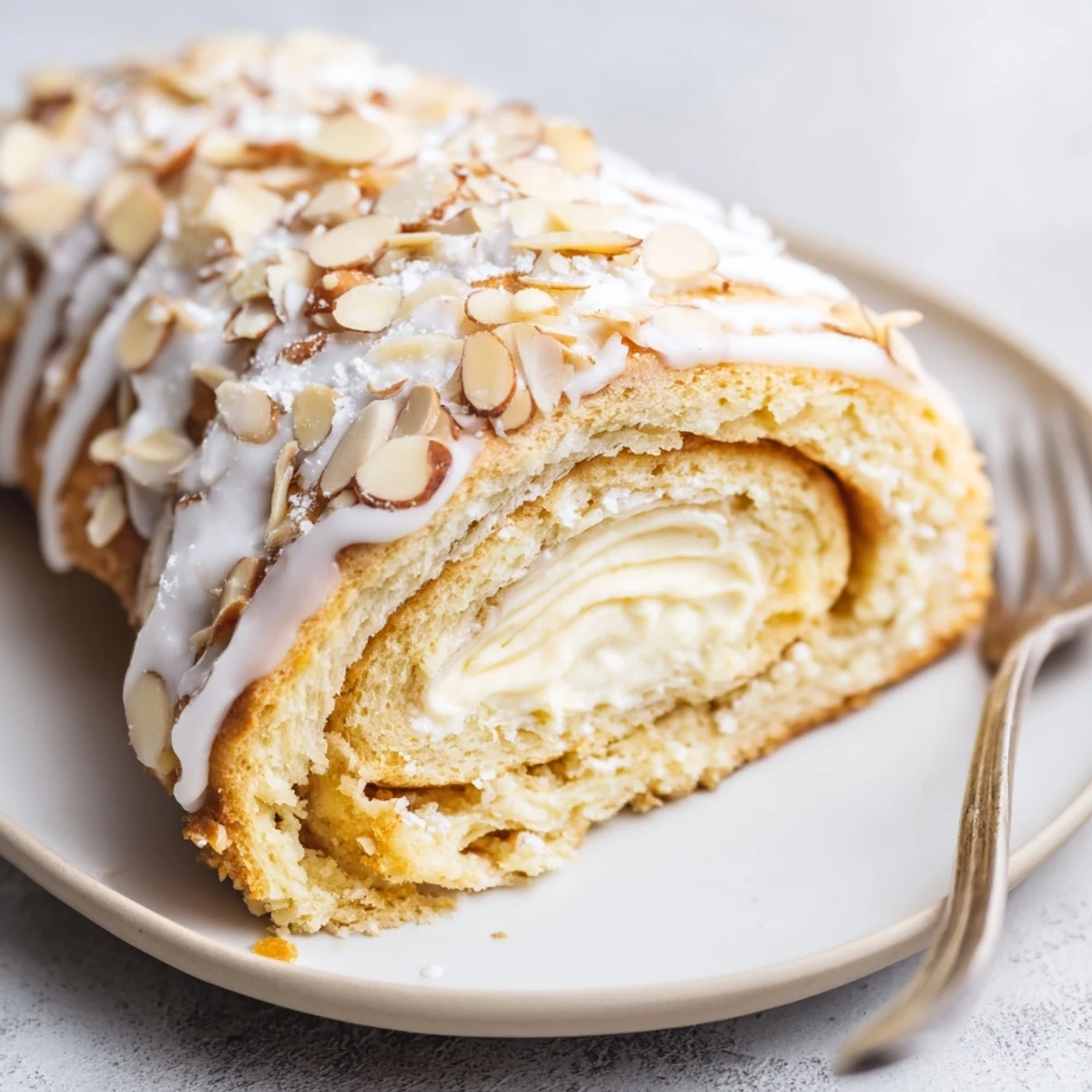 Almond Cream Cheese Rolls fresh from oven, golden tops, sliced almonds adding crunch