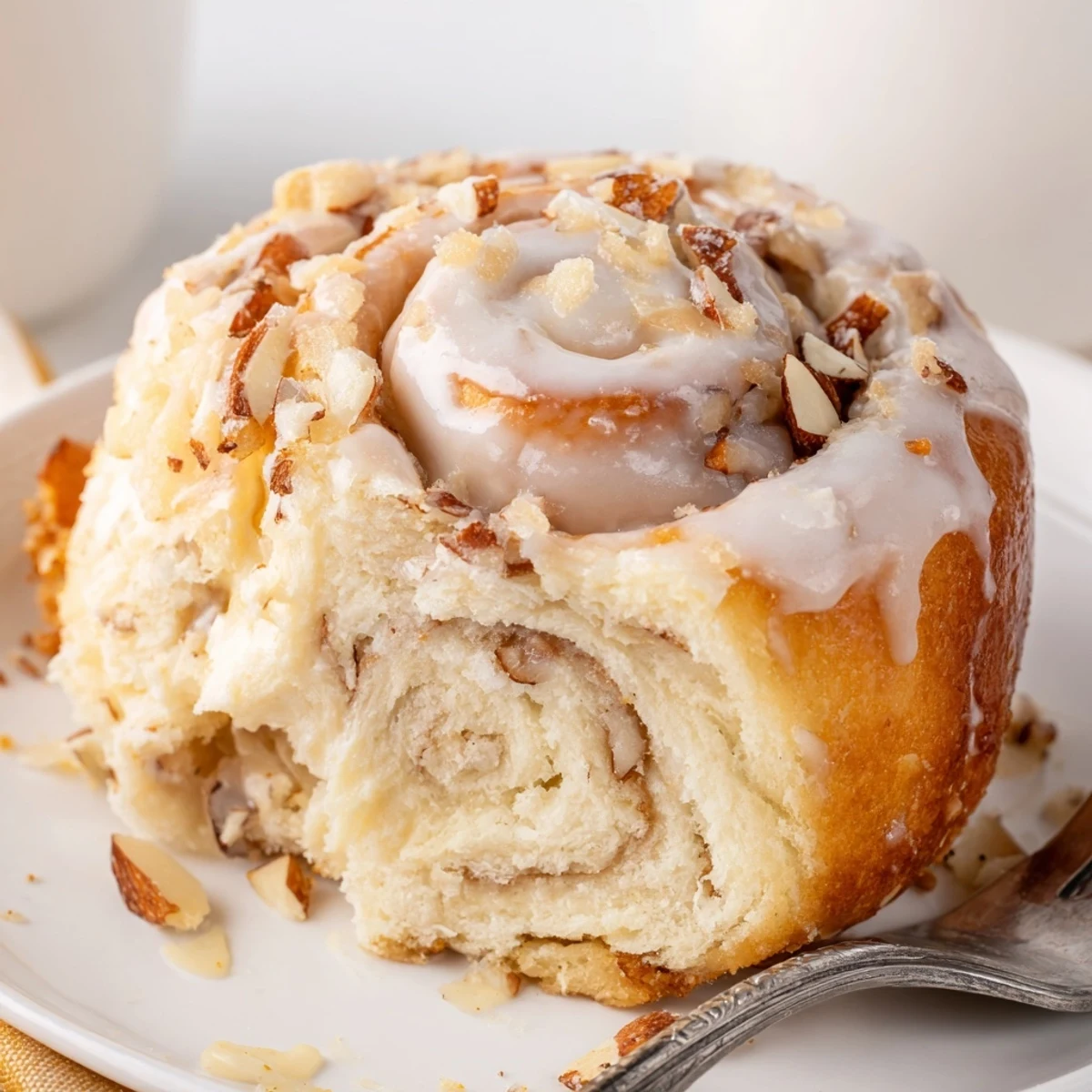 A platter of Almond Cream Cheese Rolls served with coffee, almond flakes
