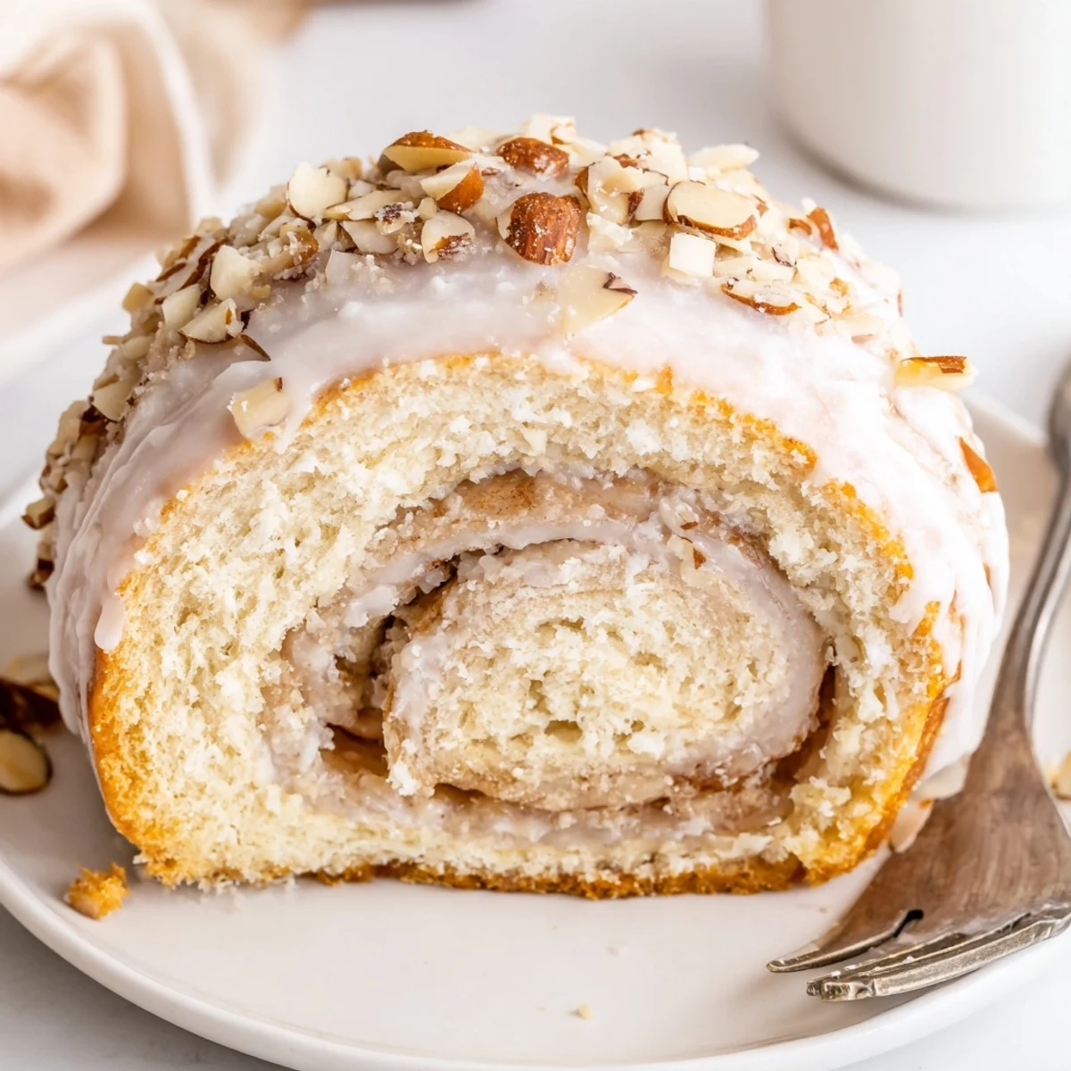 Warm Almond Cream Cheese Rolls drizzled with glaze, soft pillowy spirals