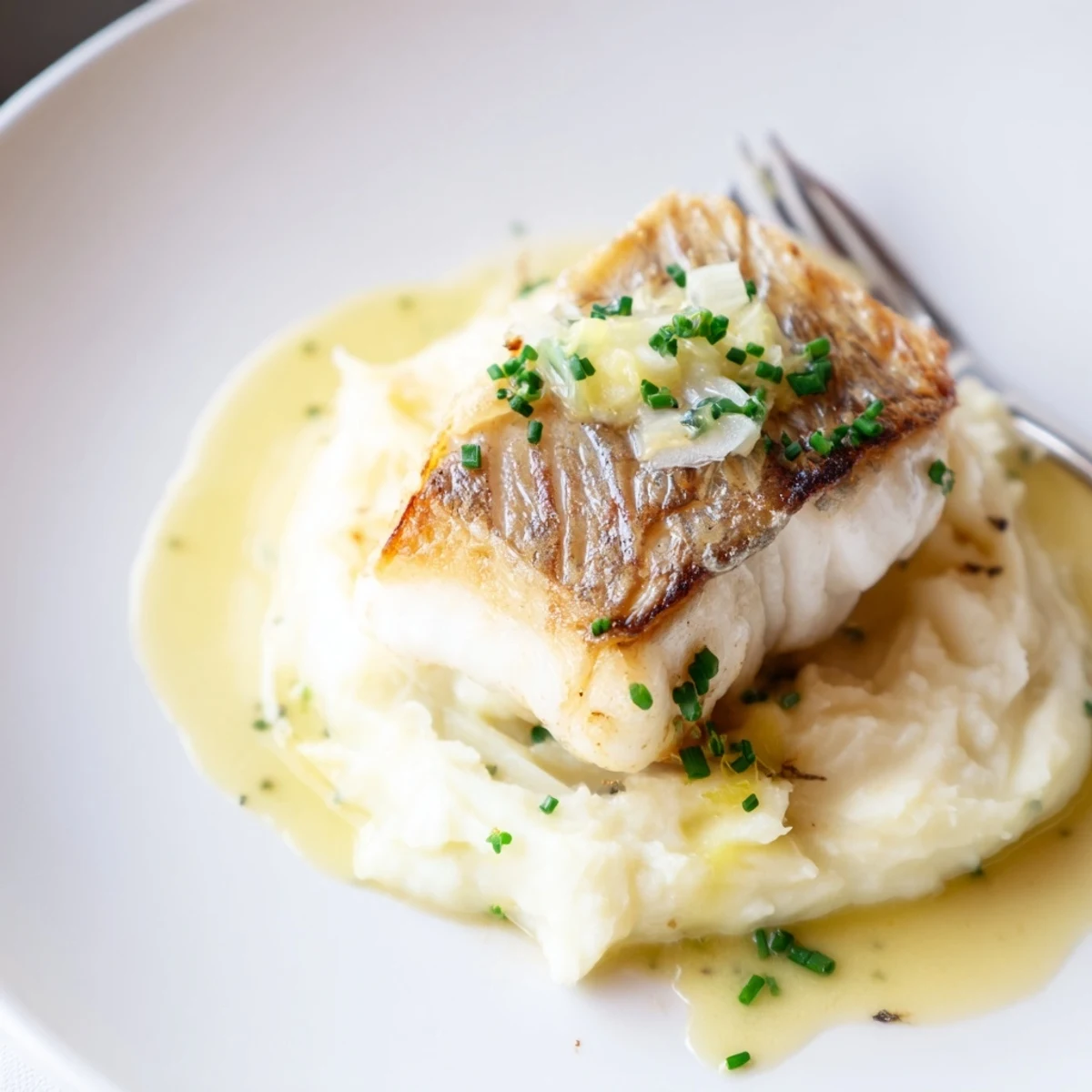 Pan Seared Halibut with Creamy Parsnip Puree & Citrus Butter Sauce, crispy golden sear