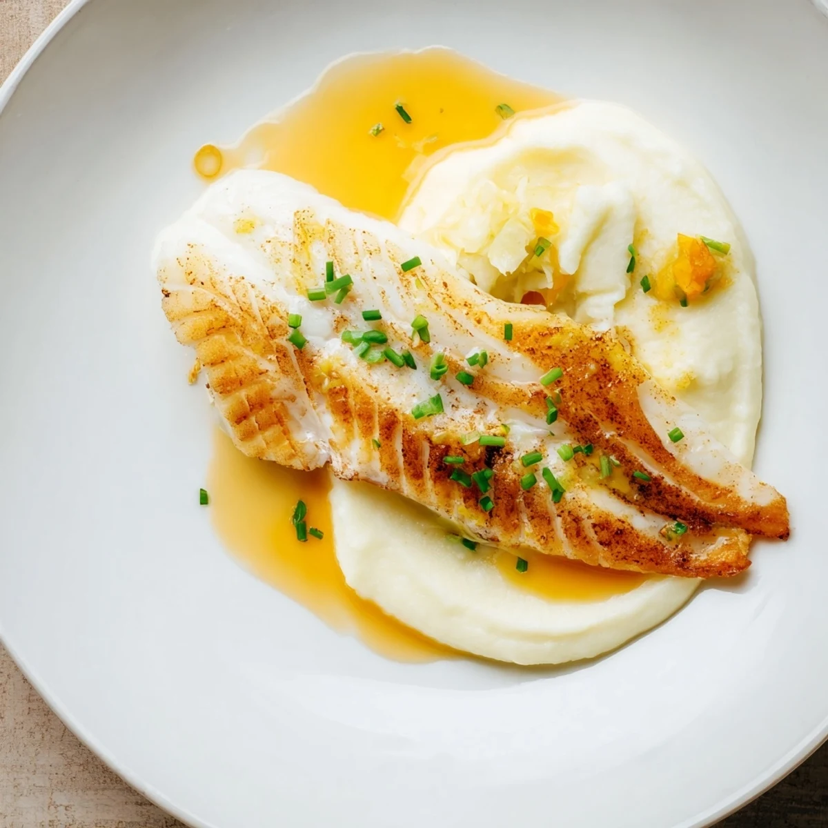 Pan Seared Halibut with Creamy Parsnip Puree & Citrus Butter Sauce atop silky puree