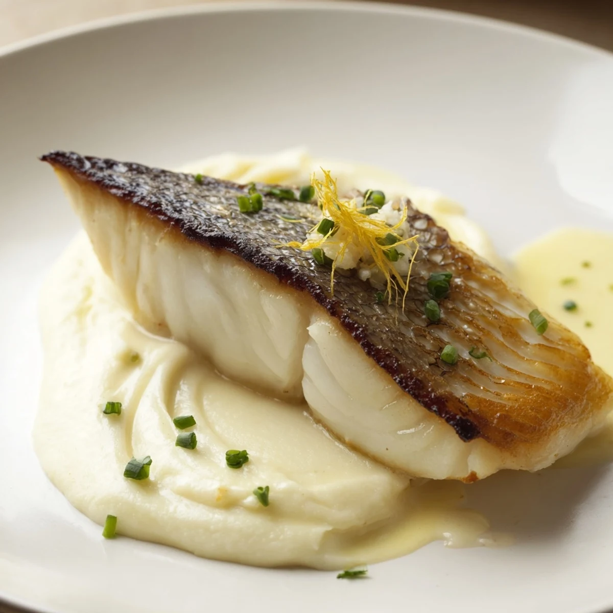 Pan Seared Halibut with Creamy Parsnip Puree & Citrus Butter Sauce garnished with fresh chives