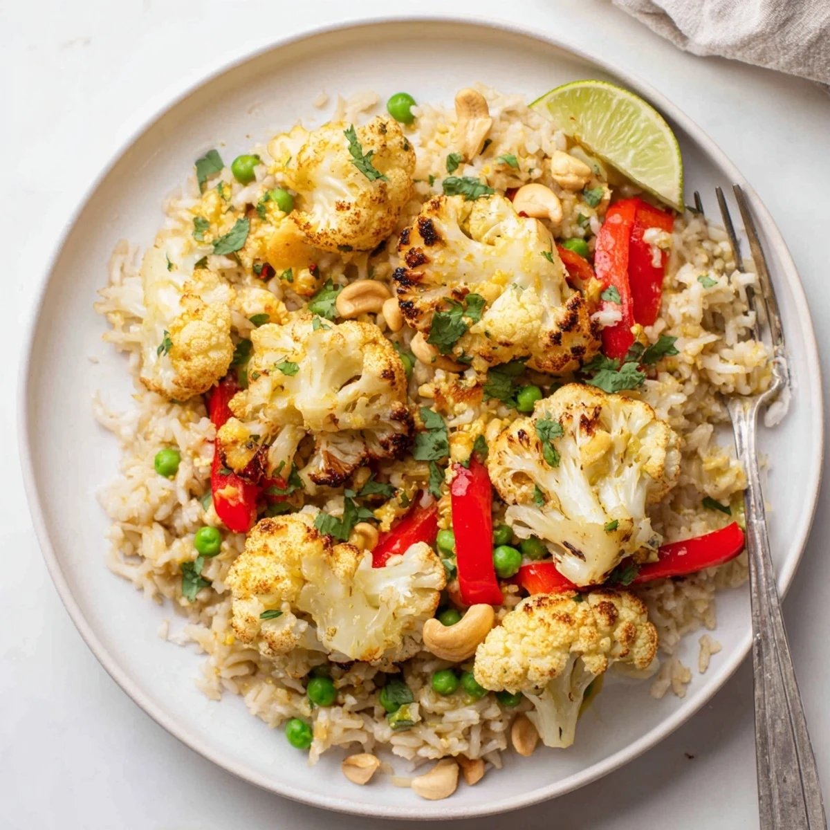 Roasted Cauliflower Red Curry Rice steaming with coconut aroma, cilantro garnish, lime wedges