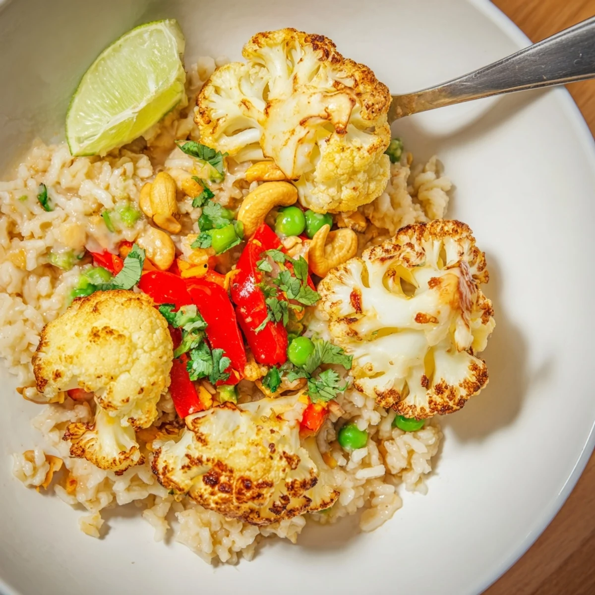 Bright Roasted Cauliflower Red Curry Rice with golden florets, toasted cashews, zesty lime