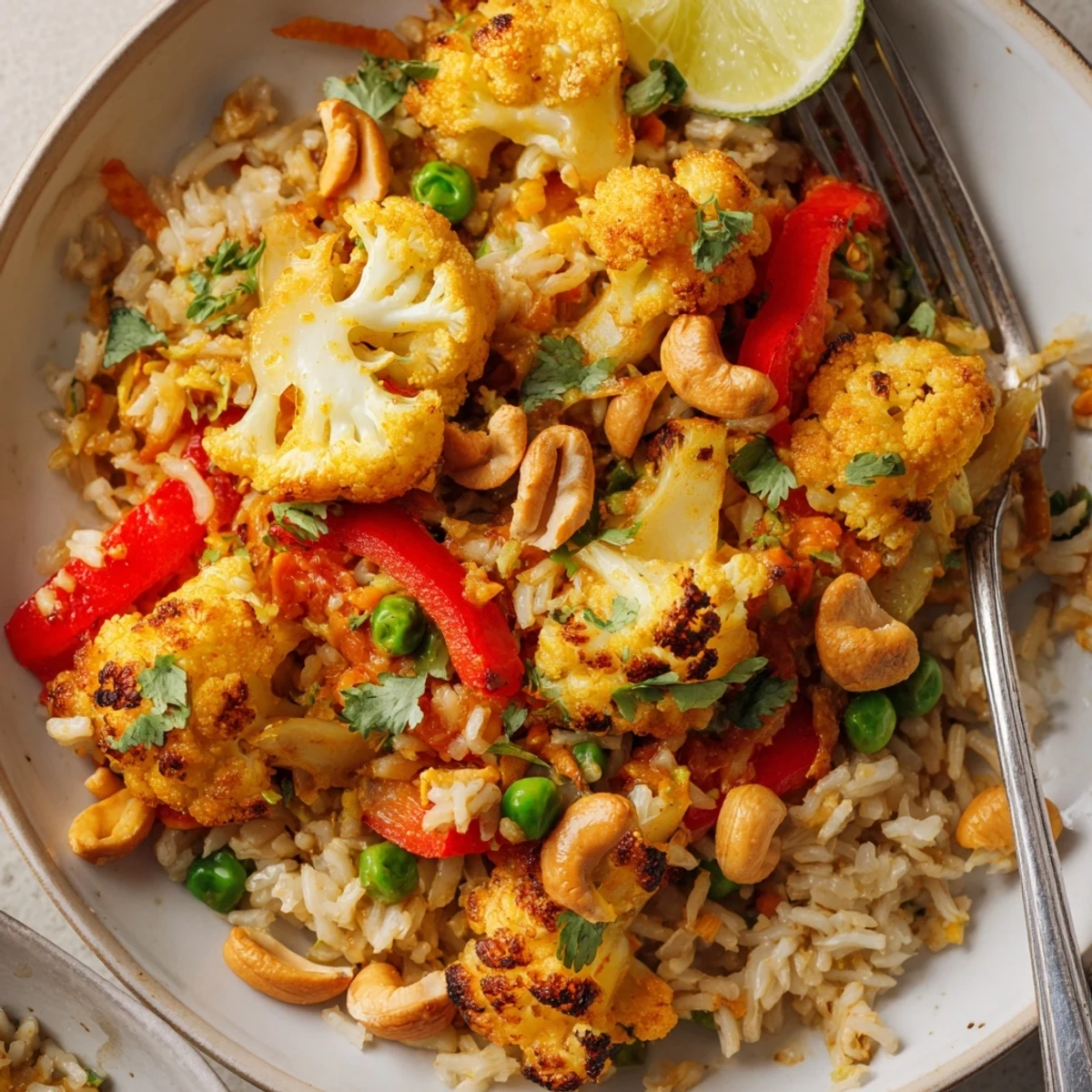 Hearty Roasted Cauliflower Red Curry Rice served hot from skillet, fragrant ginger notes