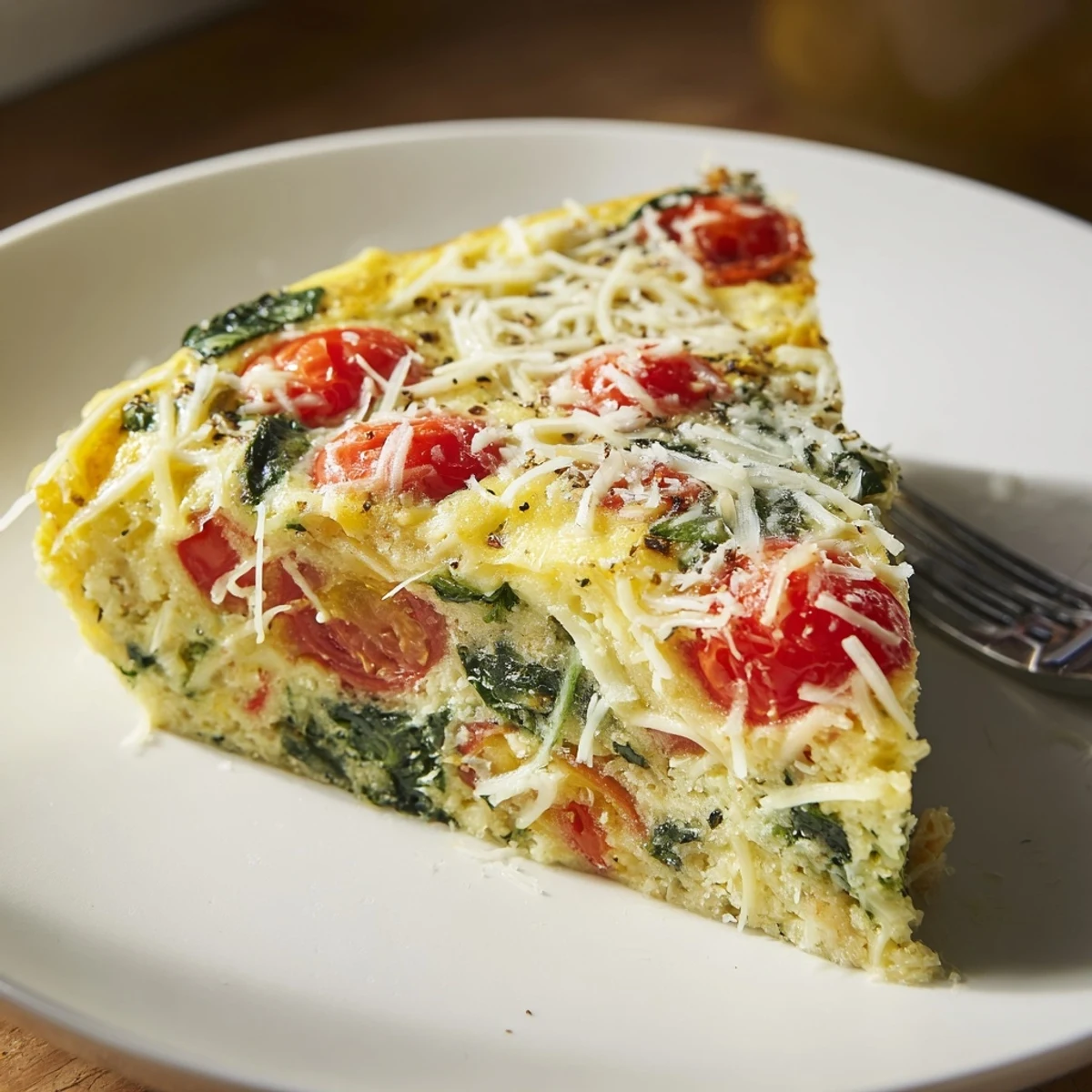 Warm Italian Impossible Pie with tomatoes and spinach, steam rising on plate