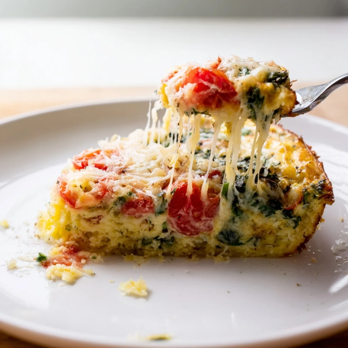 Baked Italian Impossible Pie sliced golden, cheesy crumbs, paired with Pinot Grigio