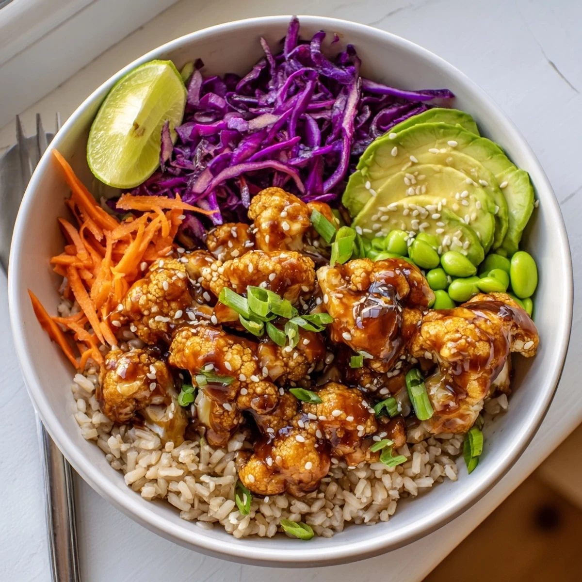 Vibrant Teriyaki Cauliflower Power Bowls served over warm brown rice, crisp cabbage.