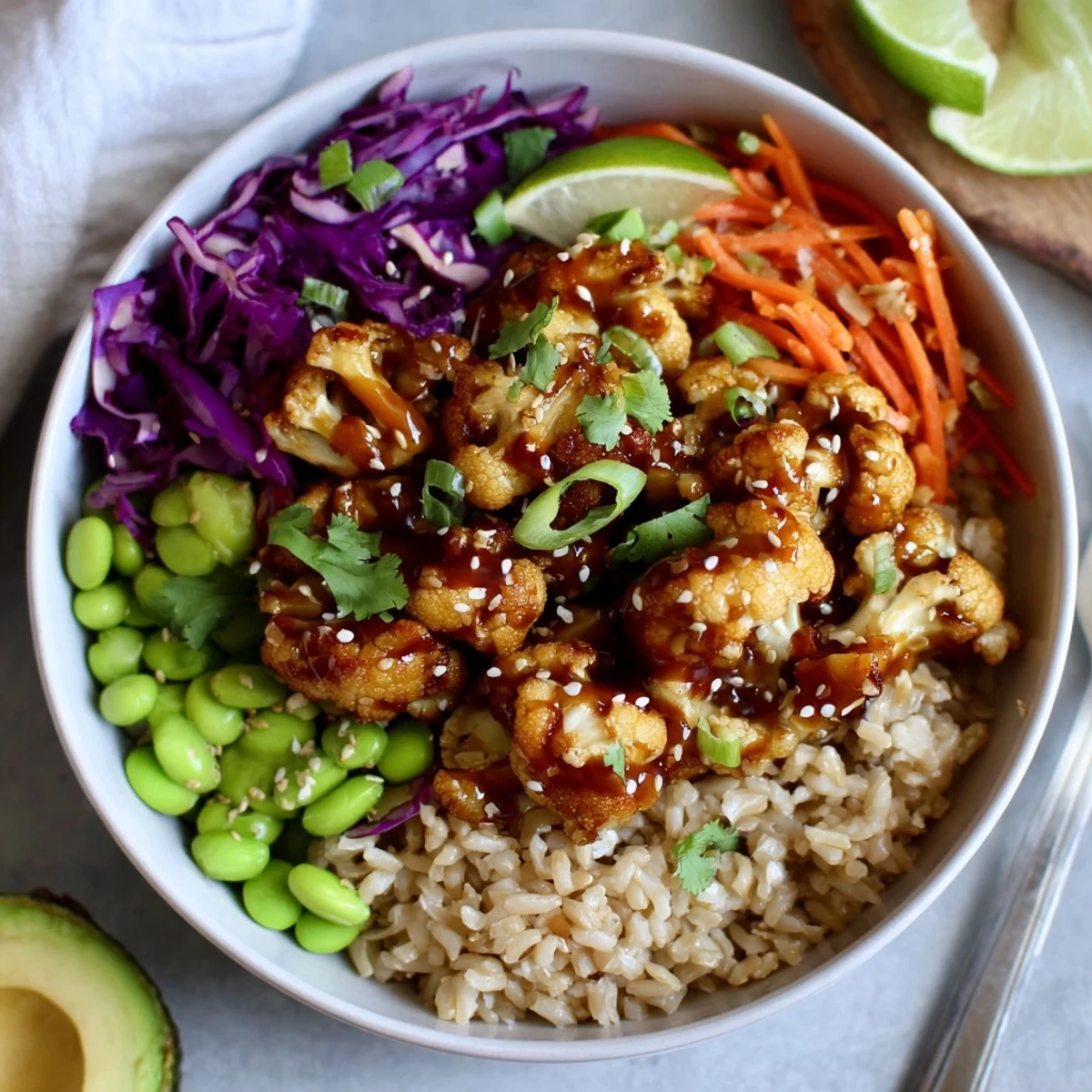 Teriyaki Cauliflower Power Bowls with glossy roasted cauliflower, creamy avocado, lime.