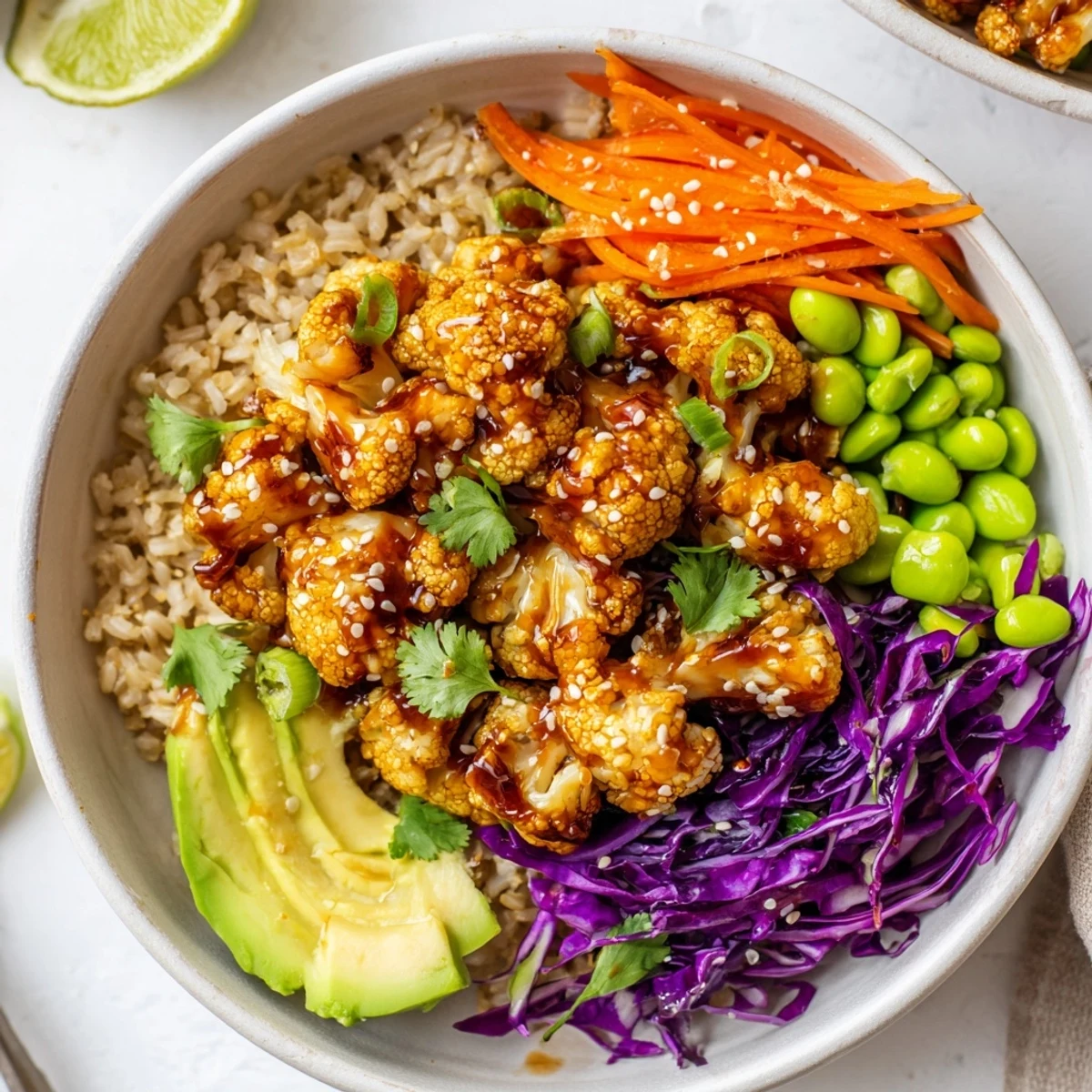 Weeknight Teriyaki Cauliflower Power Bowls topped with toasted sesame, zesty lime wedge.
