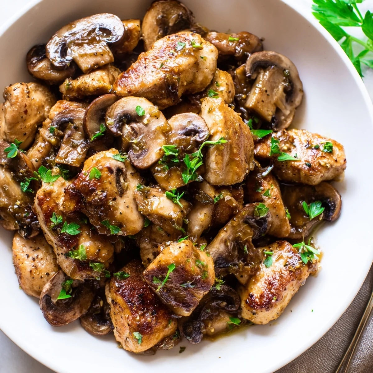 Marsala Mushroom Chicken Bites glistening in glossy wine sauce, garnished with parsley.