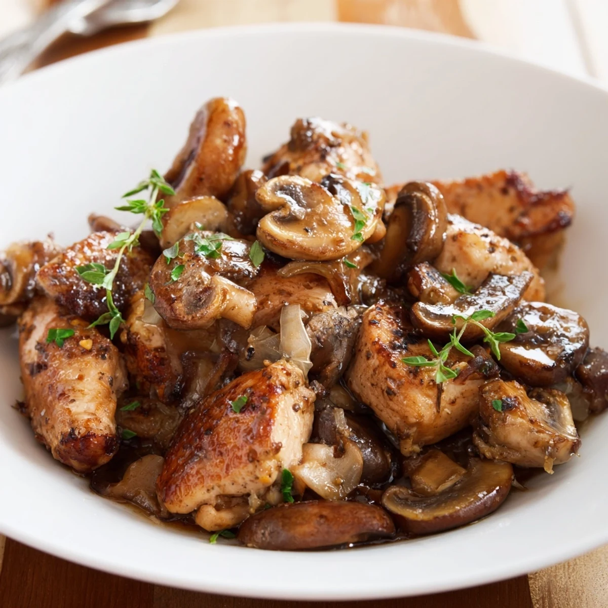 Skillet-seared Marsala Mushroom Chicken Bites steaming over creamy mashed potatoes.