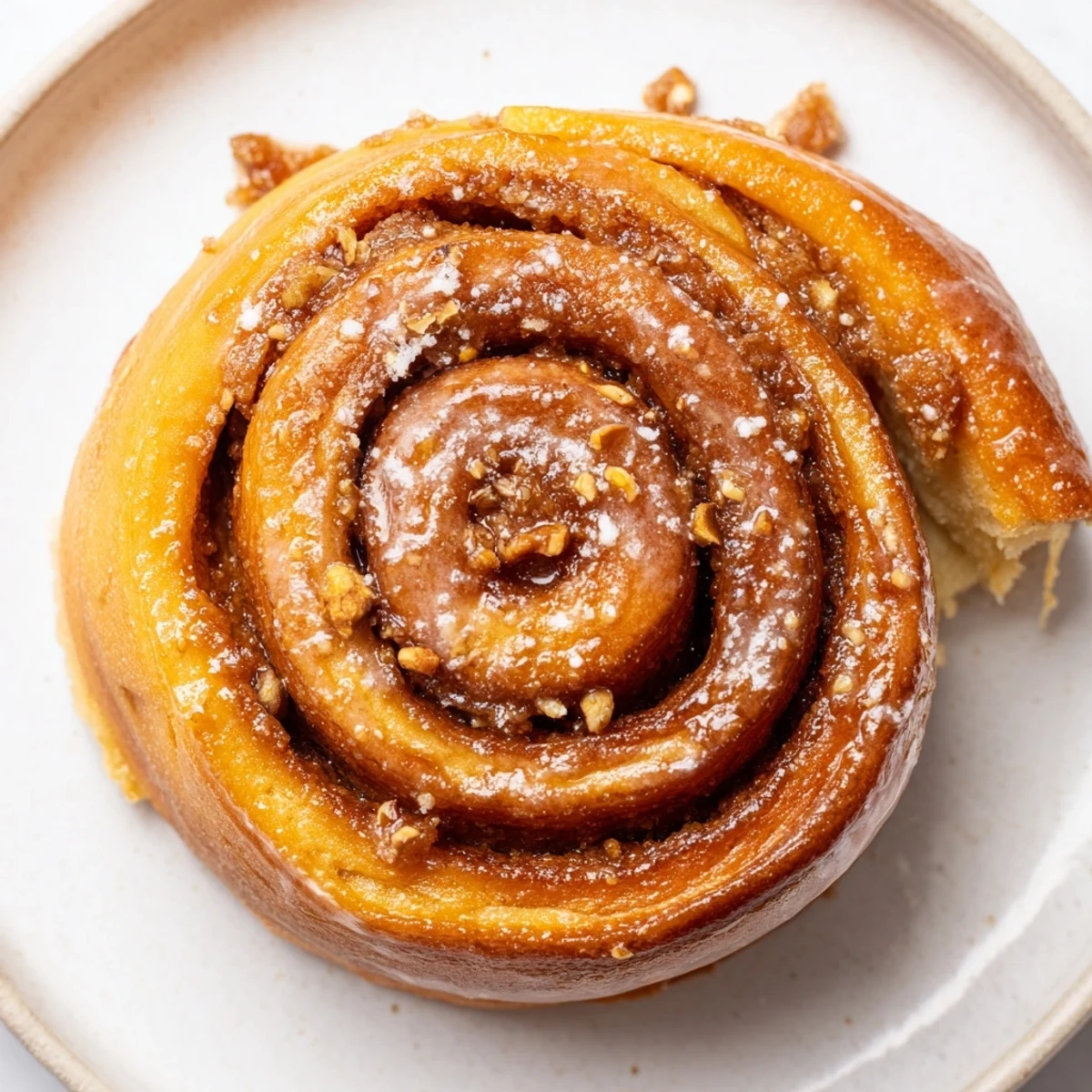 Slice revealing tender layers in Orange Cardamom Morning Buns Recipe, zesty glaze