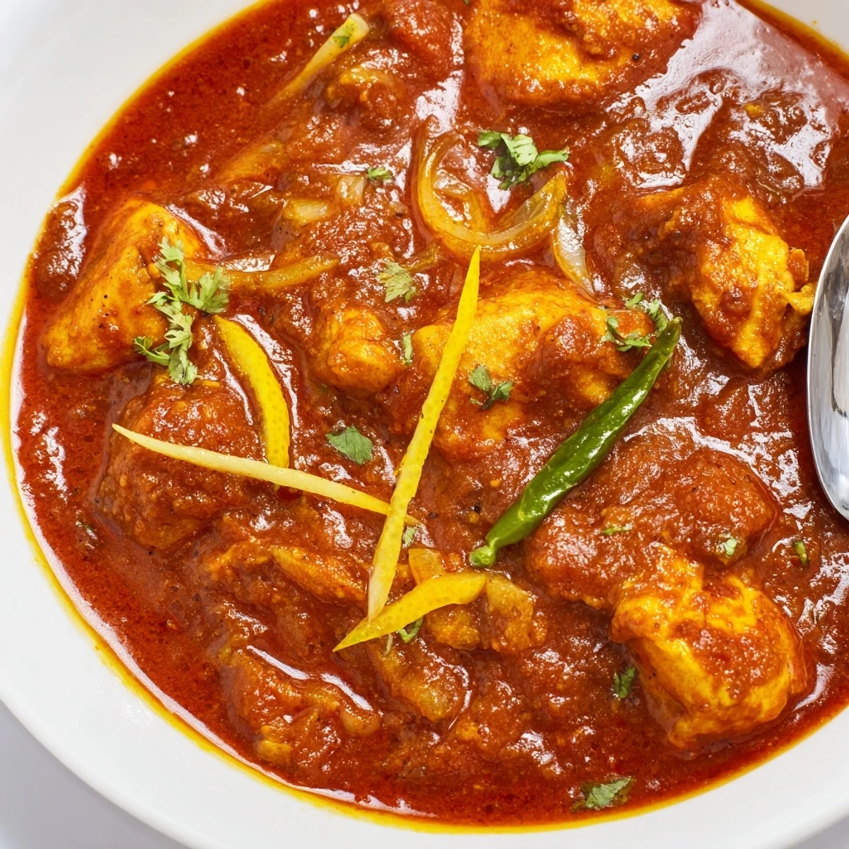 Steaming bowl of Heavenly Homemade Indian Chicken Curry garnished with cilantro, aromatic.