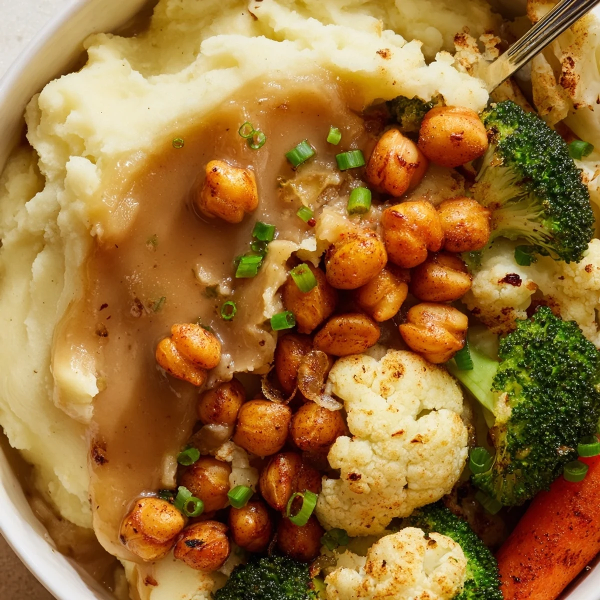 Hearty Vegan Mashed Potato Bowls topped with crispy chickpeas and fresh chives.