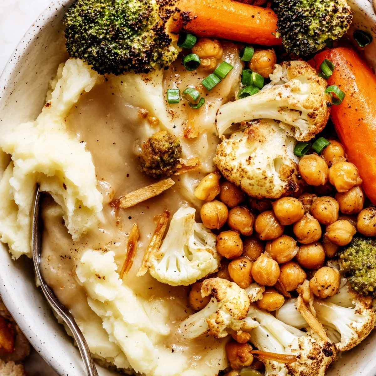 Vegan Mashed Potato Bowls with creamy potatoes, roasted veggies, and savory gravy.