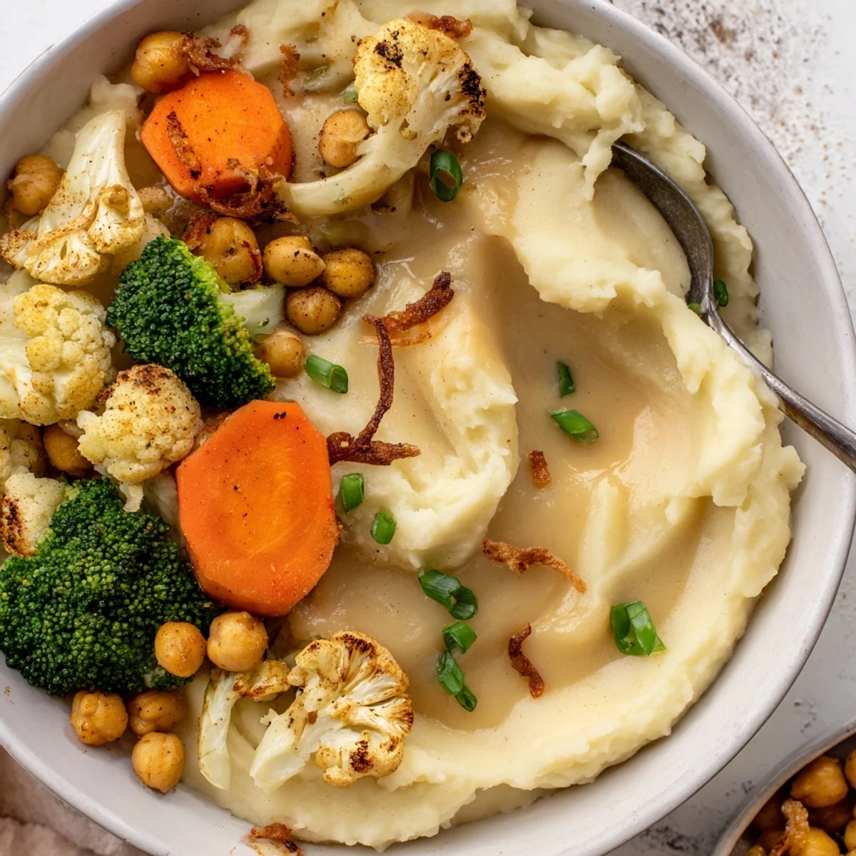 Cozy Vegan Mashed Potato Bowls drizzled with gravy, ideal for weeknight dinners.