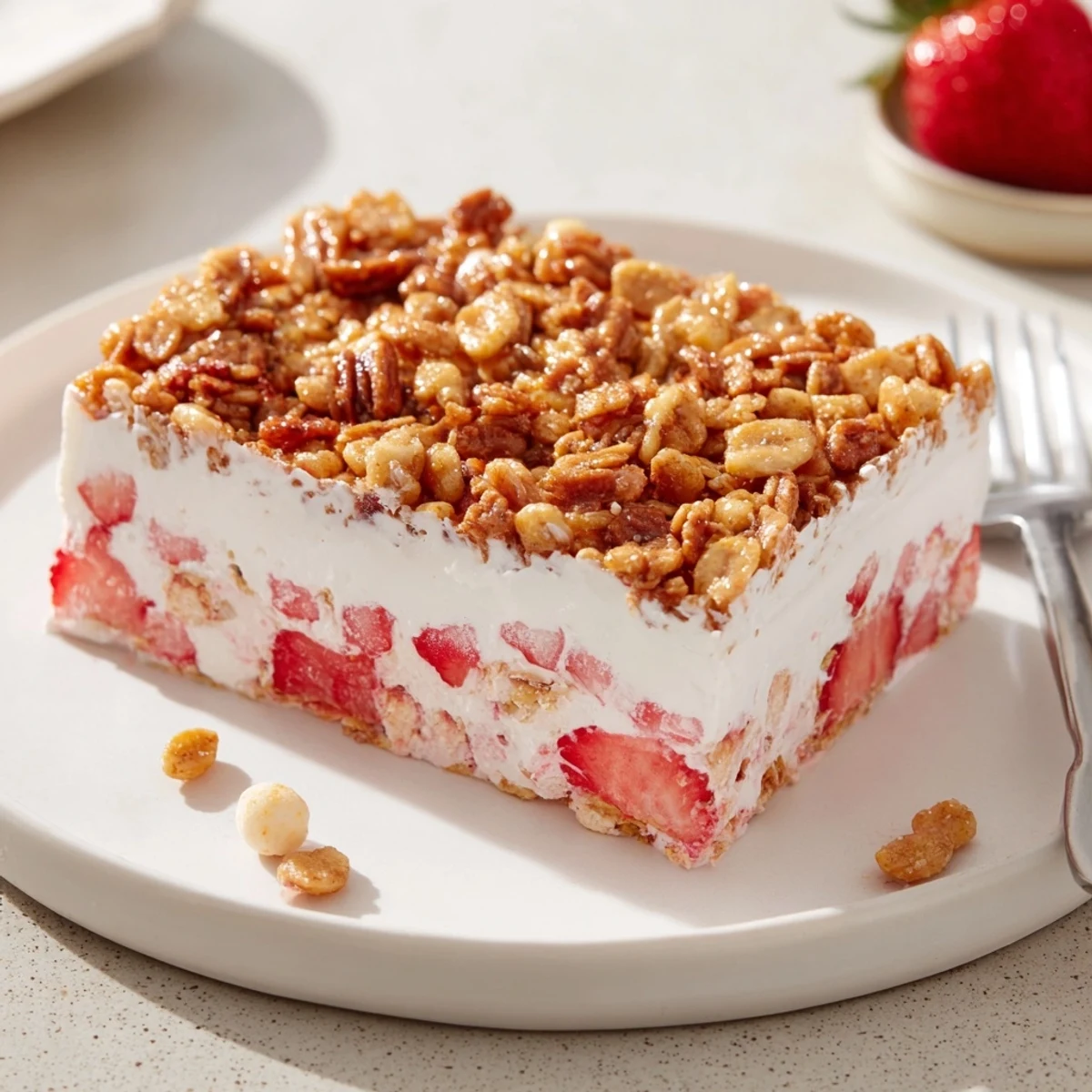 Strawberry Crackle Salad chilled in dish, creamy layer topped with crunchy caramelized cereal