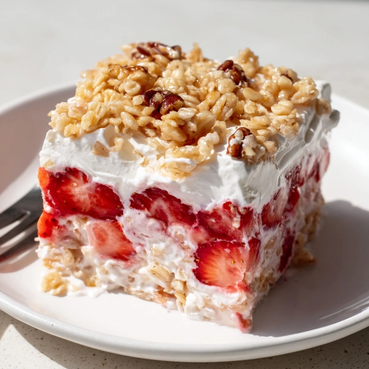 Bright Strawberry Crackle Salad with juicy berries, pineapple, marshmallows, and crackle topping