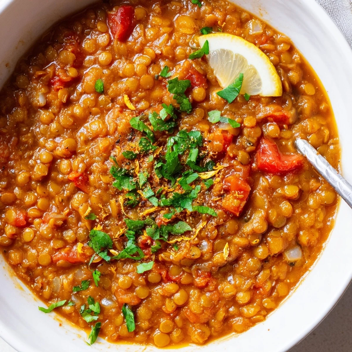Hearty One Pot Lentil Dal steaming in a ceramic bowl, cilantro garnish  