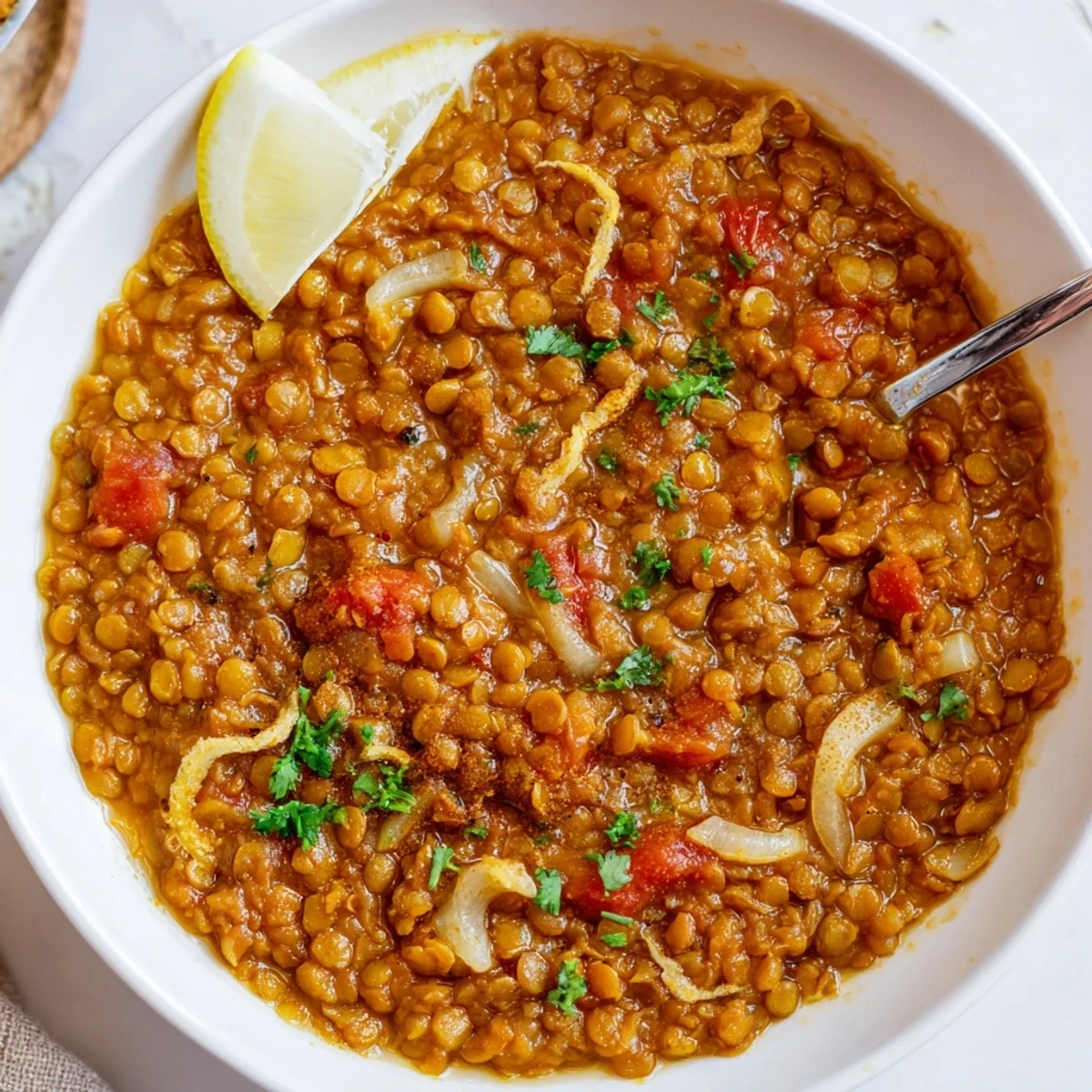 Creamy One Pot Lentil Dal ladled over rice, lemon wedge nearby  