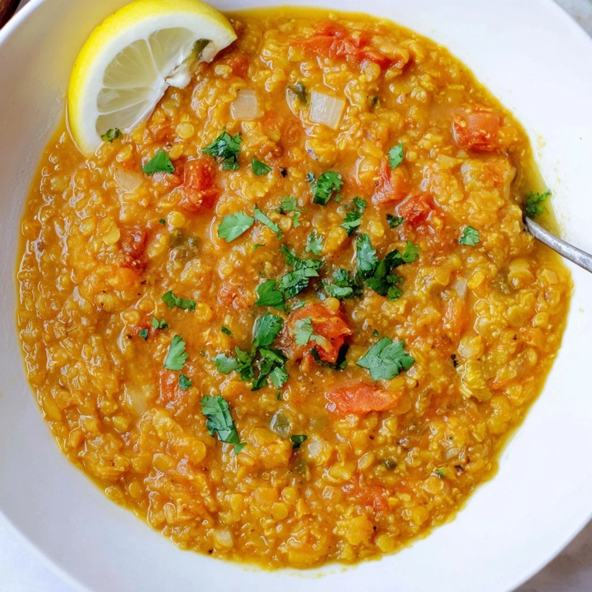 Golden-spiced One Pot Lentil Dal bubbling in Dutch oven with wooden spoon