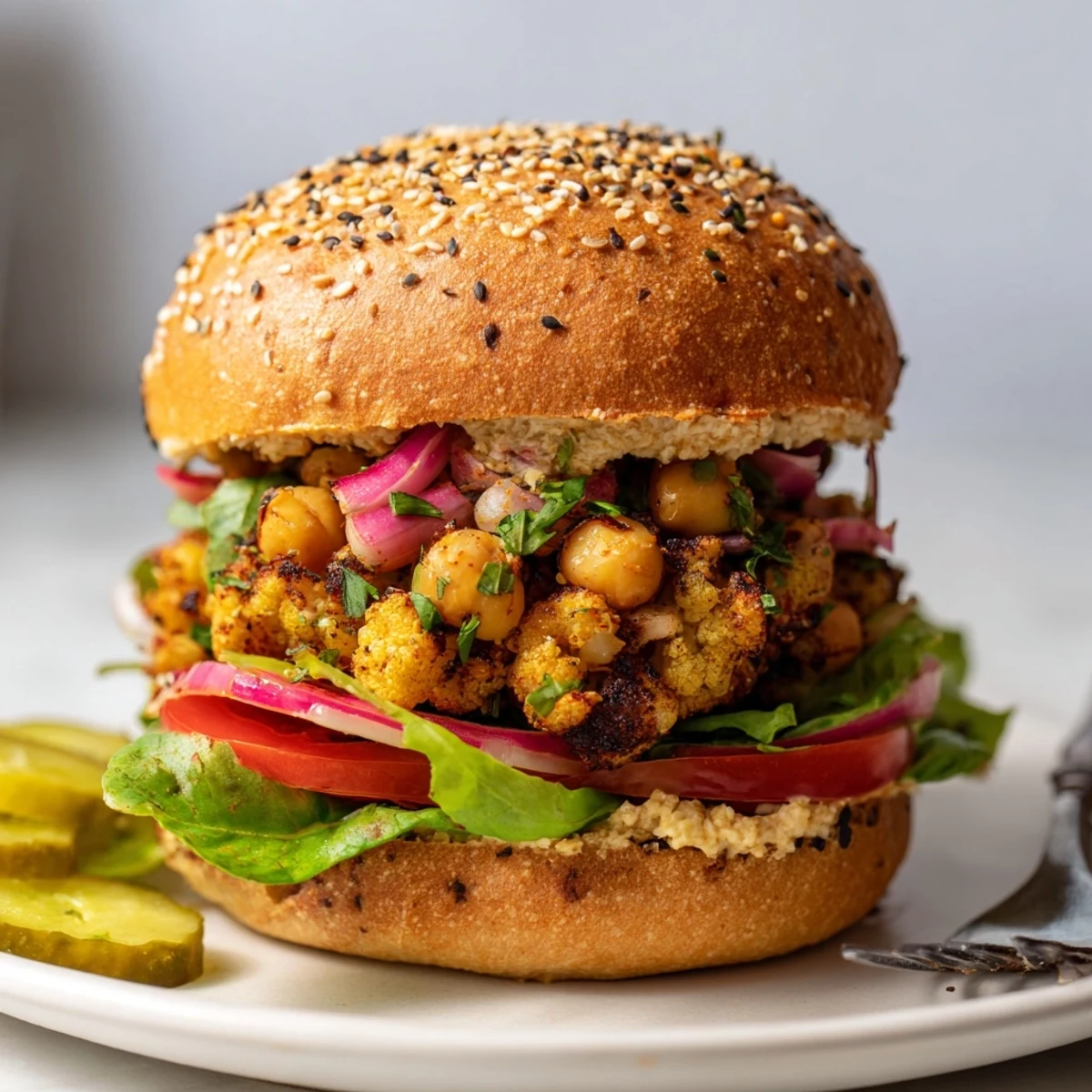 Toasted golden Chickpea Cauliflower Burger on bun with juicy tomato and greens