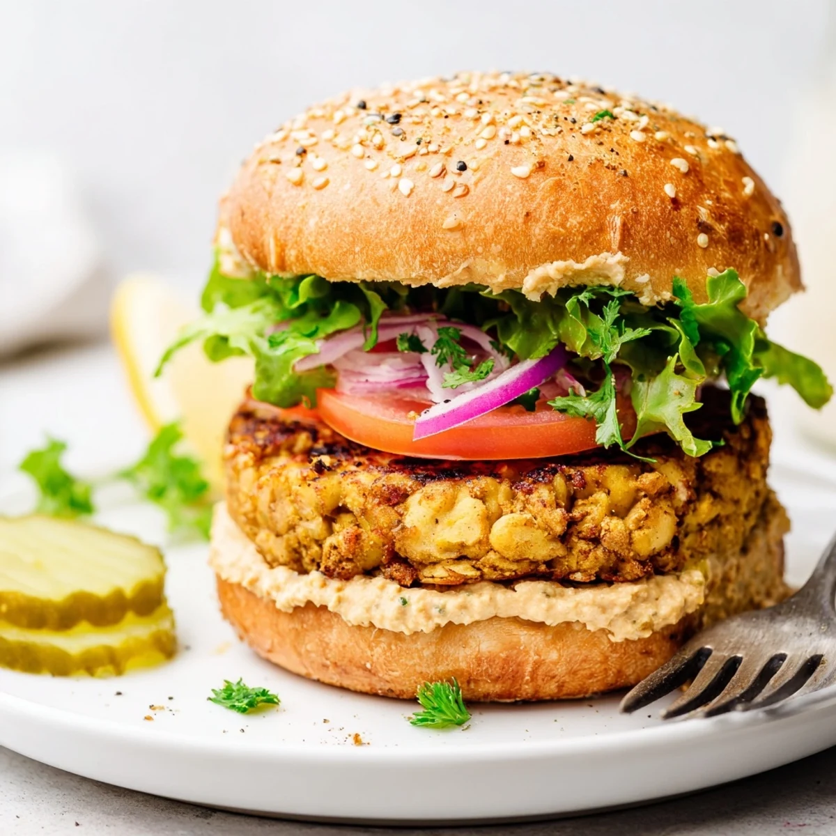 Pan seared Chickpea Cauliflower Burger smelling warm spices, served with tangy tzatziki