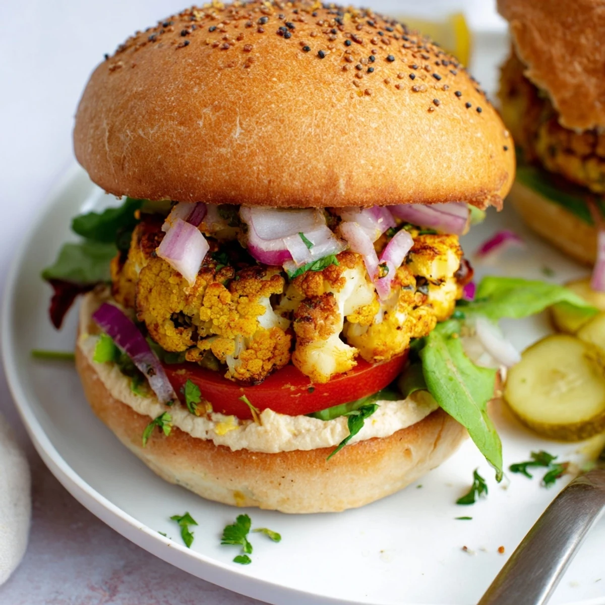 Stacked Chickpea Cauliflower Burger topped with crisp pickles, creamy spicy mayo