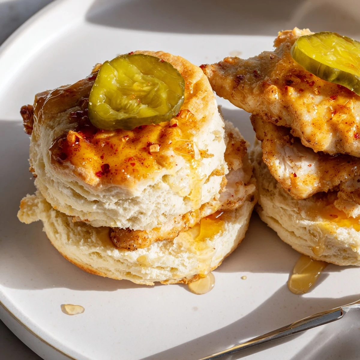 Hot Honey Chicken Biscuits glistening with spicy-sweet honey on flaky, buttery rounds