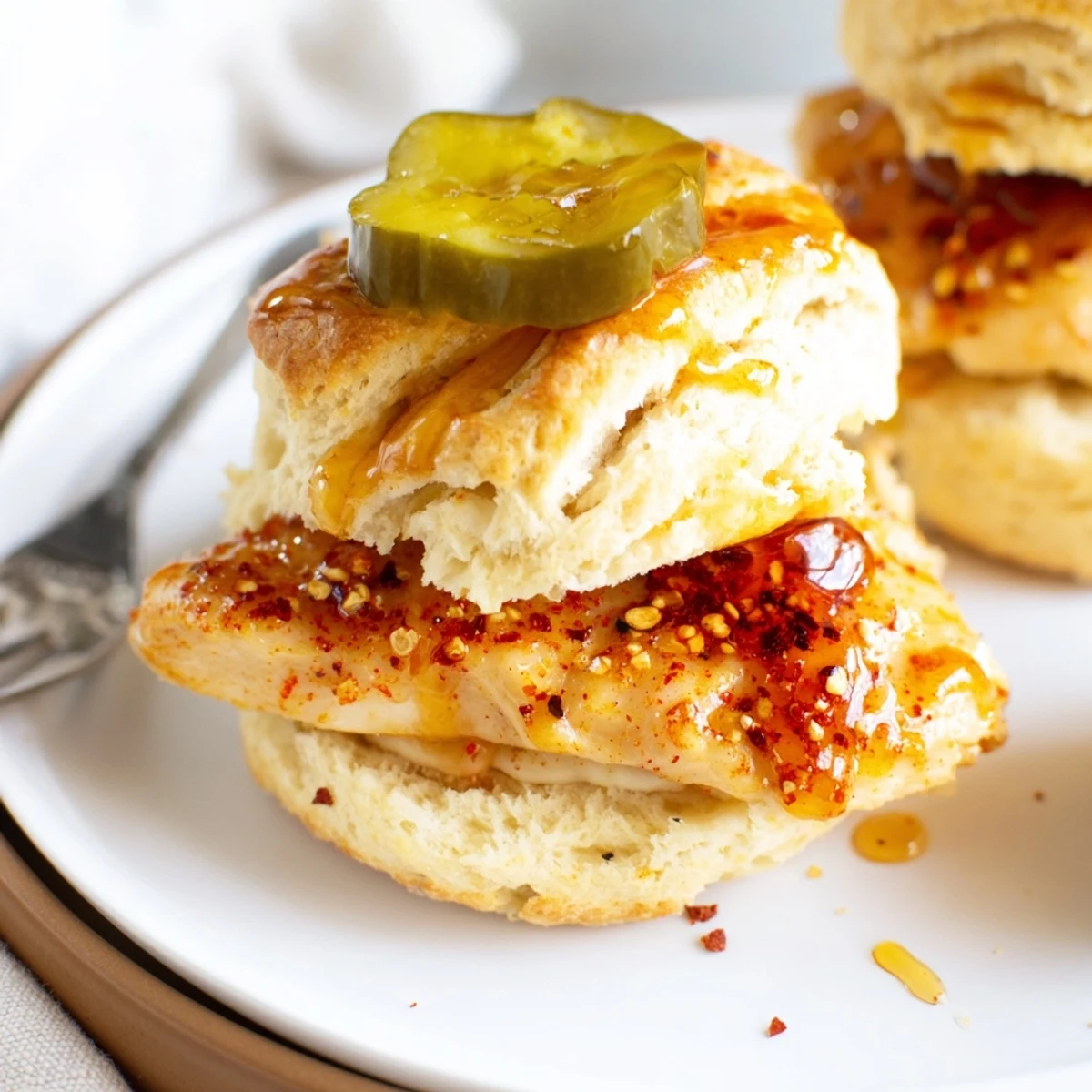 Serve Hot Honey Chicken Biscuits warm at brunch with sweet iced tea
