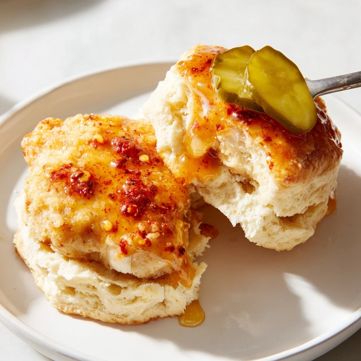 Hot Honey Chicken Biscuits topped with crispy fried chicken and honey drizzle