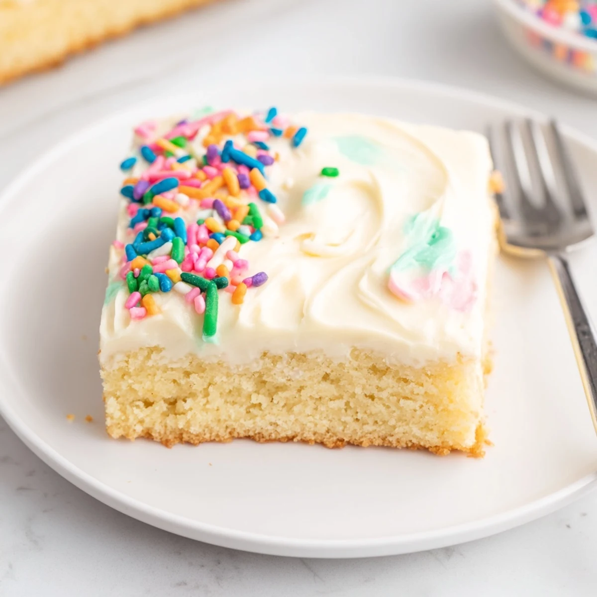 Frosted Sugar Cookie Bars Recipe sliced into squares, creamy vanilla frosting, festive sprinkles
