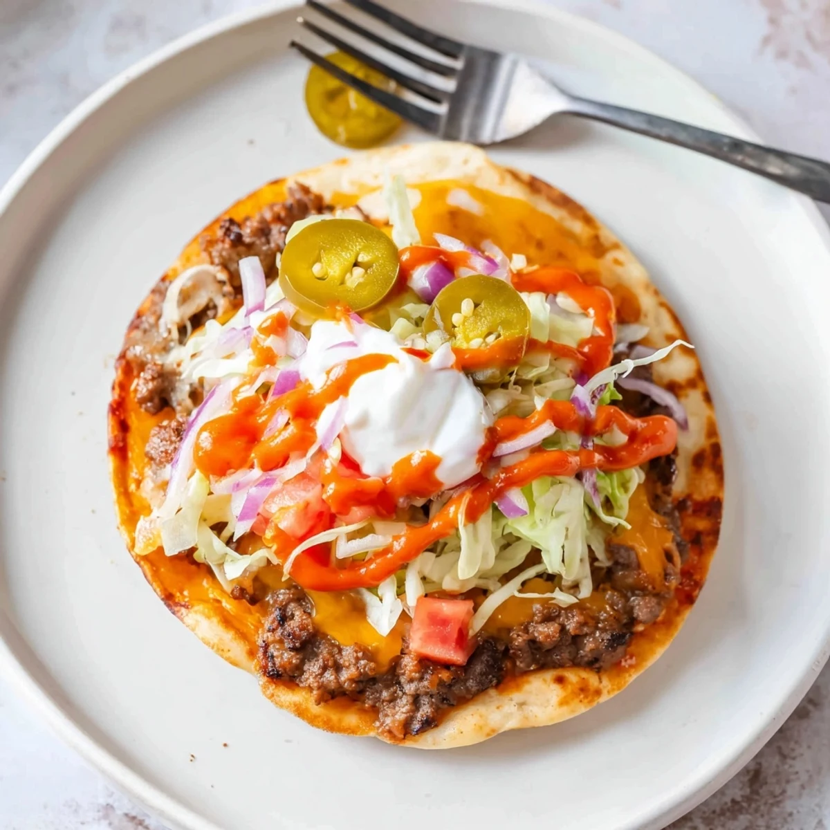 Plate of Cheesy Smash Tacos Recipe topped with shredded lettuce, diced tomato